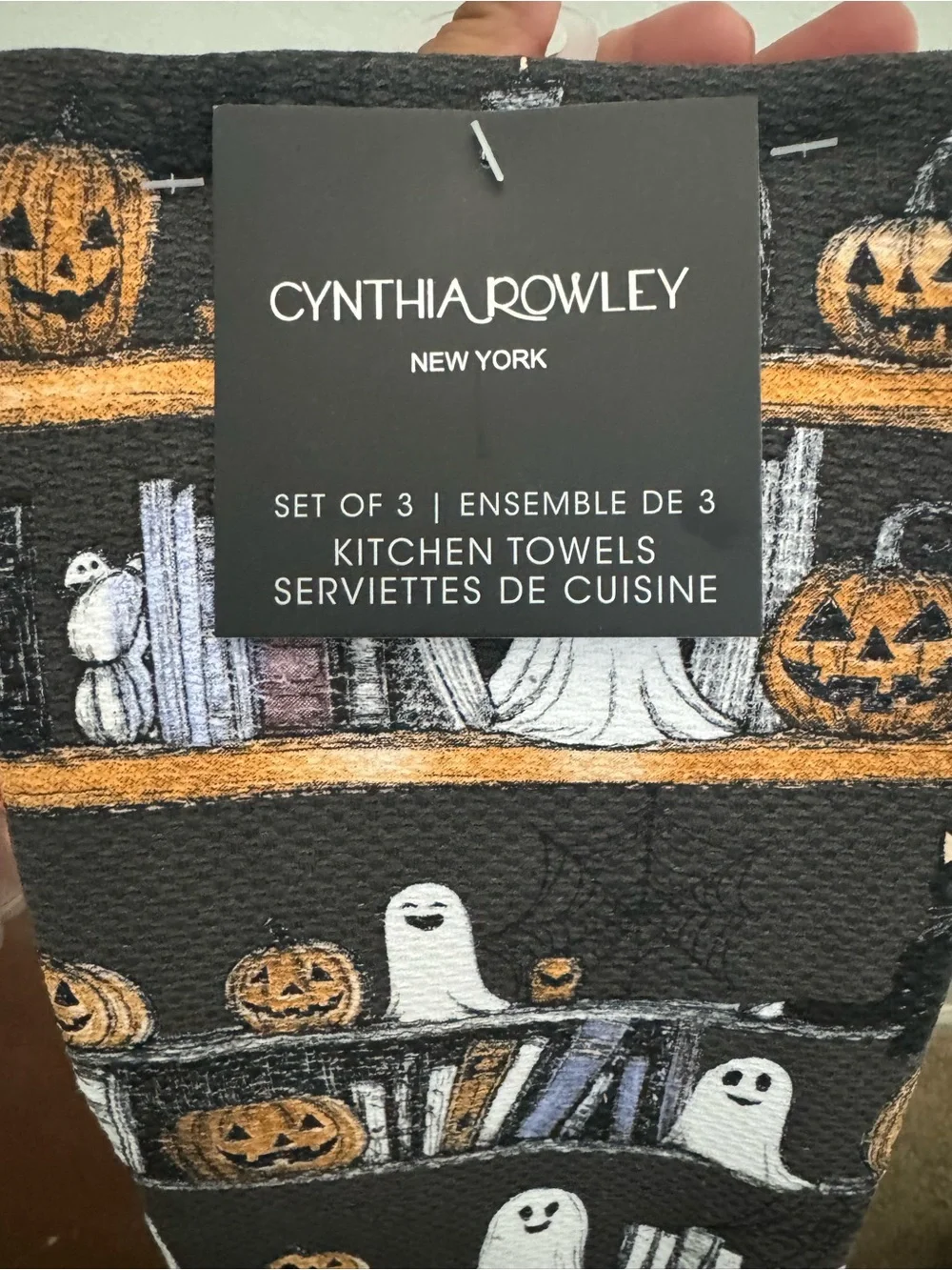 Cynthia Rowley Black Halloween Towel with White Ghosts and Orange Pumpkins